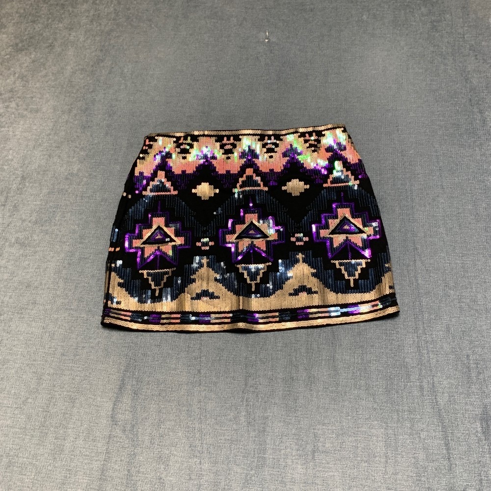 Express Sequin Mini Skirt Womens XS Petite Multicolor Lined Outdoor Aztec Print